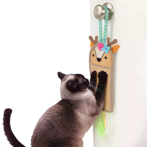 Petlinks® Fawn Frenzy Hanging Jute Cat Scratcher & Plush Fawn Electronic Sound Cat Toy
