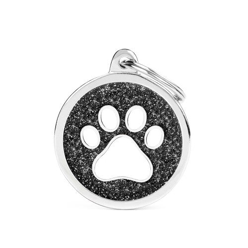 MyFamily Shine Big Black Glitter Circle White Paw ID Tag